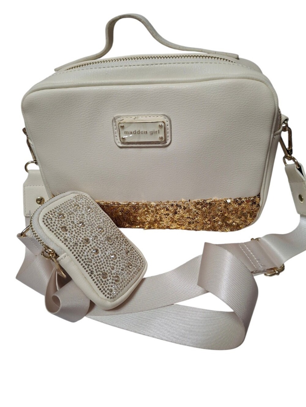 Madden Girl Cream Crossbody Bag with Gold Sequin Trim W/pouch NWT